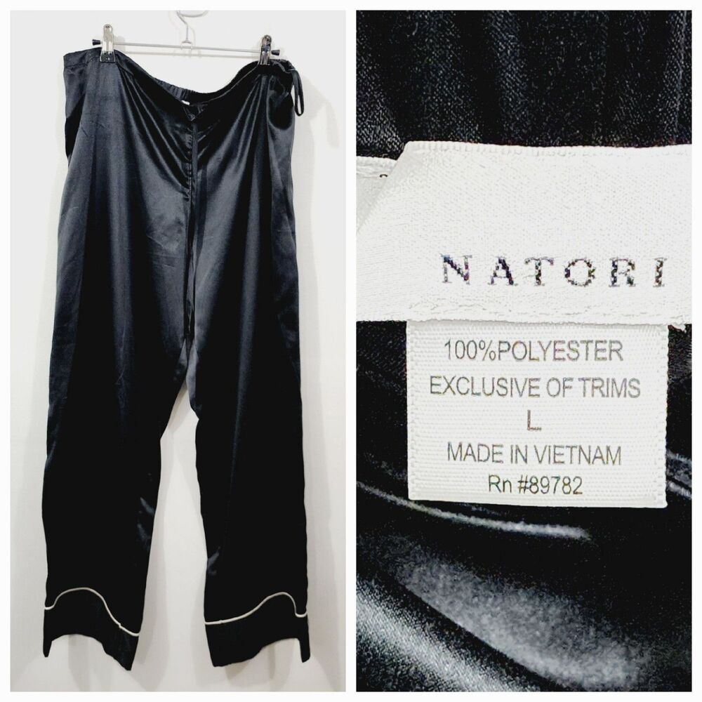 Natori Black Satin Wide Leg PJ Pajama Pants White Trim Drawstring Women's Size M